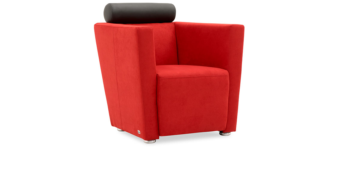 ARTHE - Sessel im Mikrofaserstoff Like Suede rot, Kopfrolle Leder schwarz