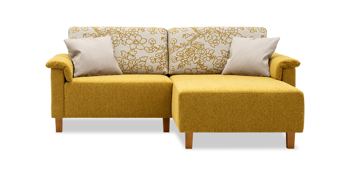 BATIDA - Sofa + Longchair in Stoffkombi Sitz + Armlehne Q2 Boheme Joki gelb + Rücken in Mali Blumendessin