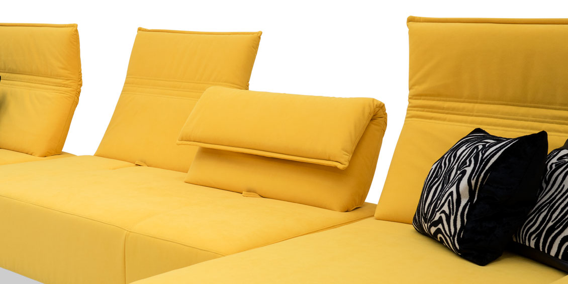 BONO - Detailbild vom Sofarücken in Mikrofaserstoff Alcantara Shape Andy gelb