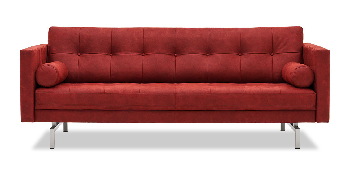 CHESTER - 2,5 Platz Sofa in Stoff Sonnhaus Vintage Style Buffalo bordeaux mit Kissenrollen