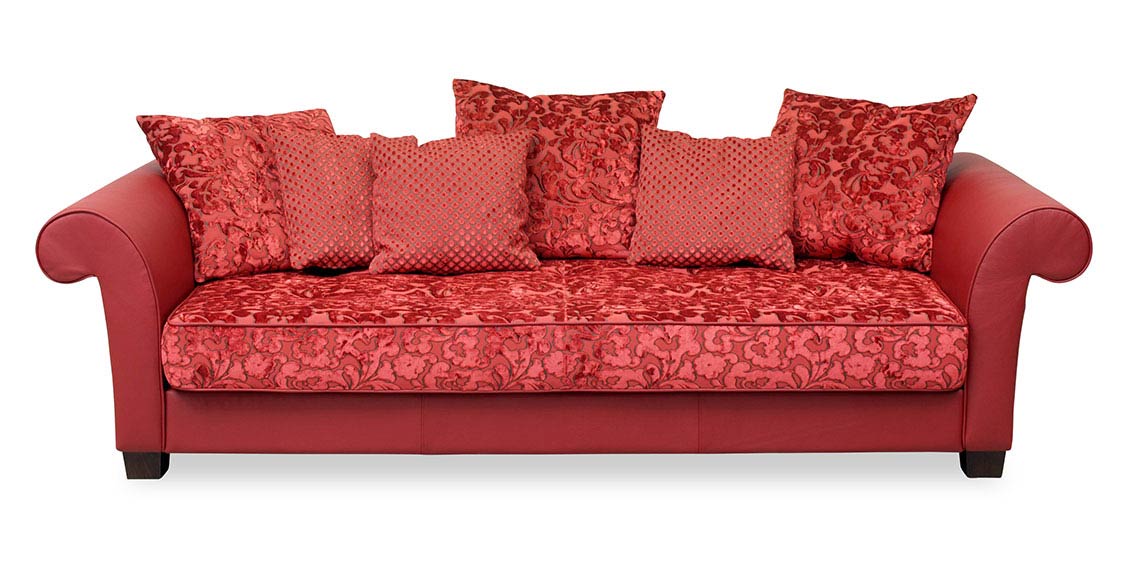 DIVAN - Sofa XXL in korallrotem Leder in Kombination mit floralem Stoff