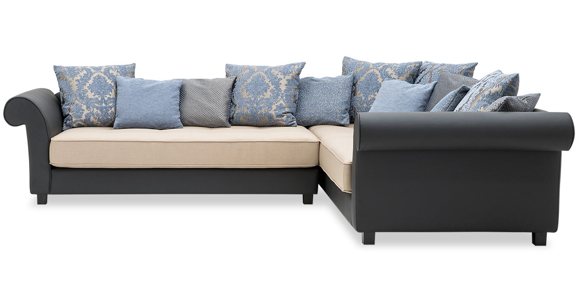 DIVAN - Ecksofa in Kombistoff Kunstleder schwarz und Stoff Sesam beige mit blauen Zierkissen