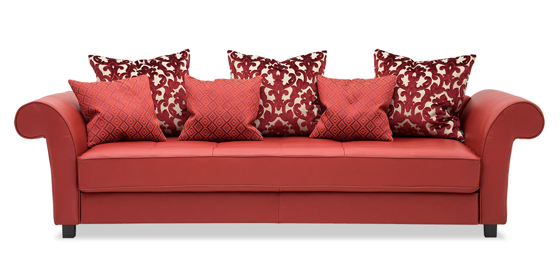 DIVAN - Sofa in rotem Leder mit Knopfheftung auf Sitzfläche und Zierkissen in Stoff S&V
