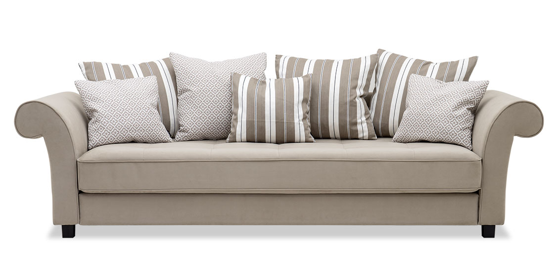 DIVAN - Big Sofa mit Knopfheftung in Mikrofaserstoff S&V Saviba taupe mit Zierkissen