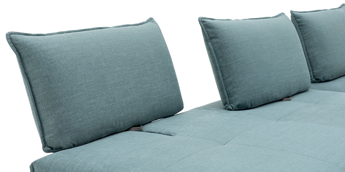 FLOW - Detailbild der Sitztiefenverstellung in Stoff Paolo blau meliert