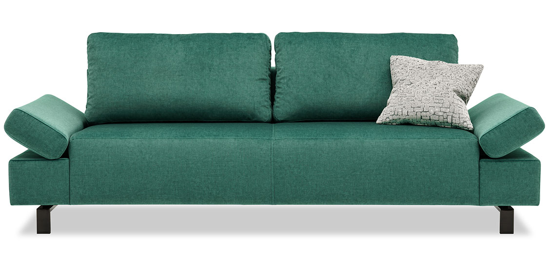 INDIGO - 2,5 Platz Sofa mit klappbarer Armlehne in Velous smaragdgrün mit Kissen