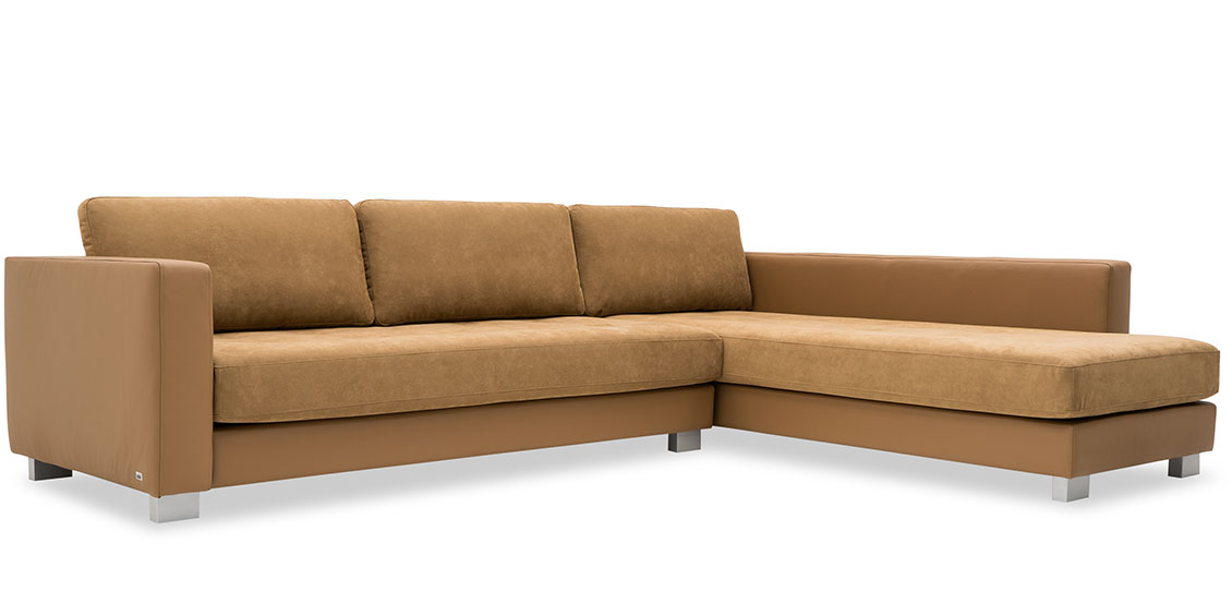 LIVING - Ecksofa im Leder Eldorado Premium, Sitz und Kissen in Alcantara Taupe