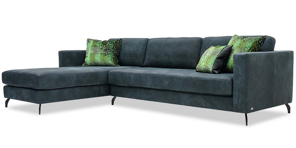 LIVING - Ecksofa mit speziellen Rückenkissen in Dickleder Pamplona smog dunkelblau