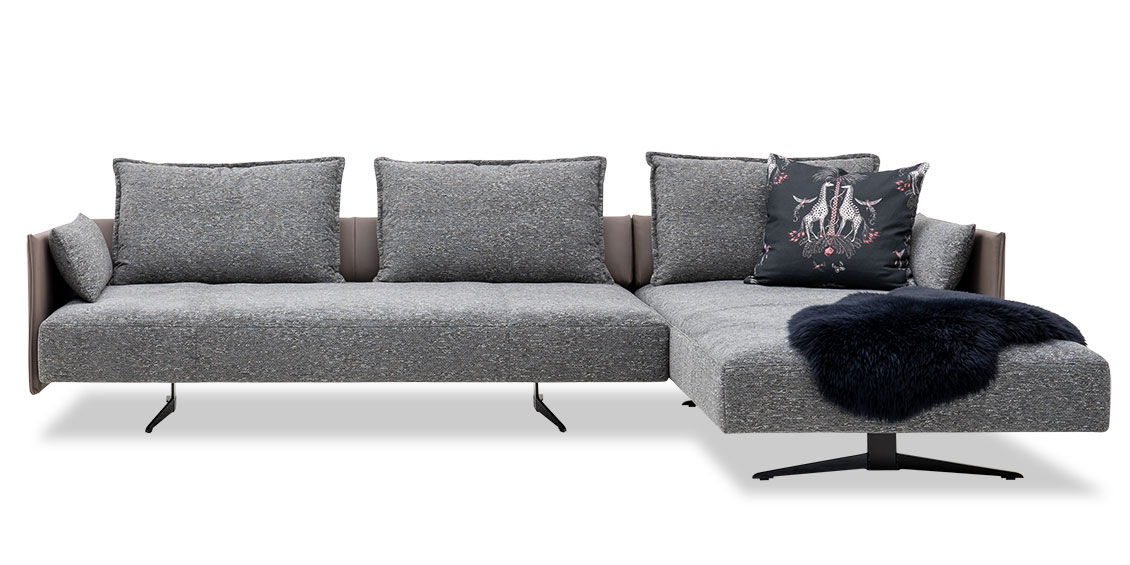 OCEAN - 2,5 Platz Sofa mit Longchair in Leder Napoli clay und Stoff Fine Top grau meliert