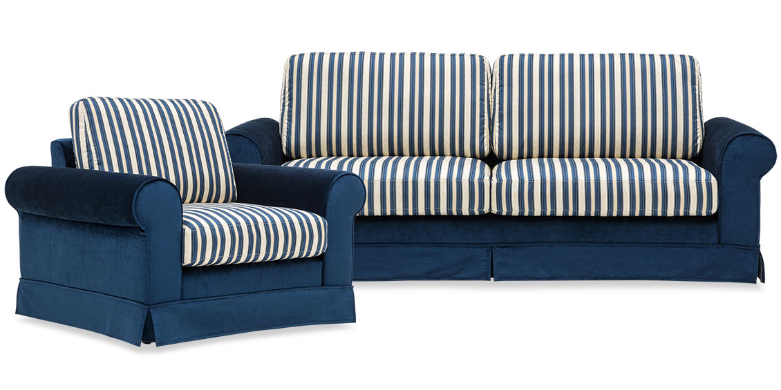 ORA - Sofagarnitur in Velours Carlucci Glamour velvet blau, Streifenstoff von S&V