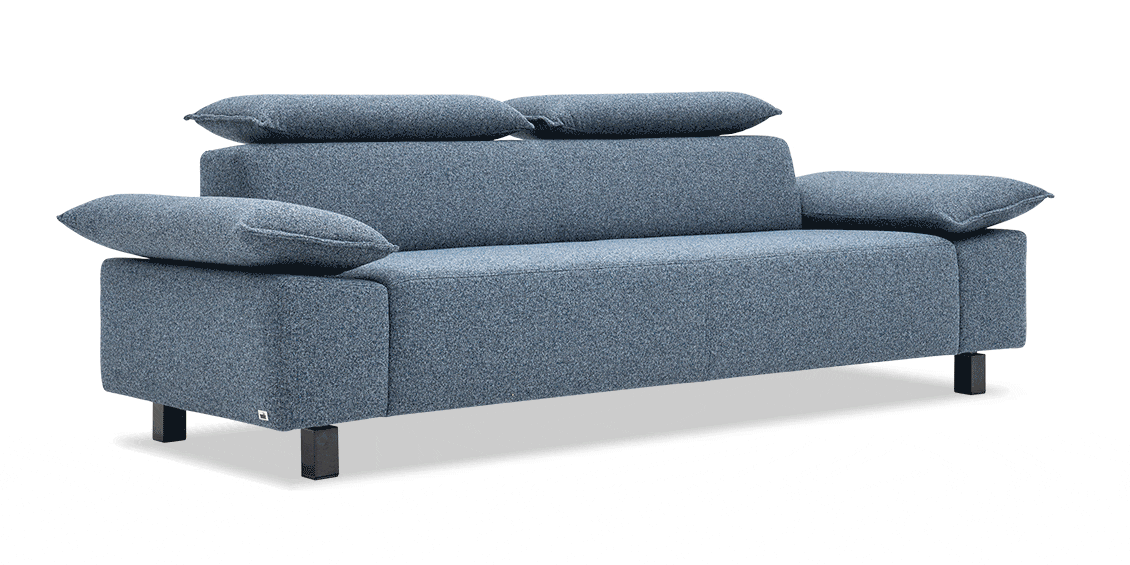 QUANTUM - 2,5 Platz Sofa mit Kopfstütze verstellbarer Armlehne in Stoff Duffy blau