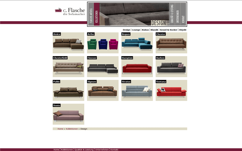 Screenshot alte Website c. Flasche - Kollektion Design