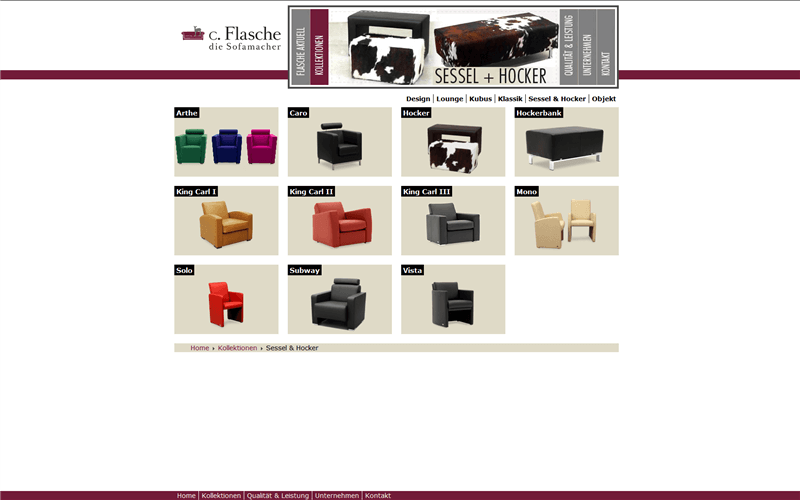 Screenshot alte Website c. Flasche - Übersicht Sessel