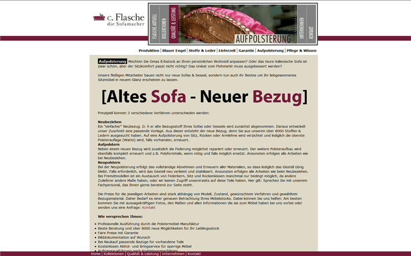 Screenshot alte Website c. Flasche - Sofa Neubezug