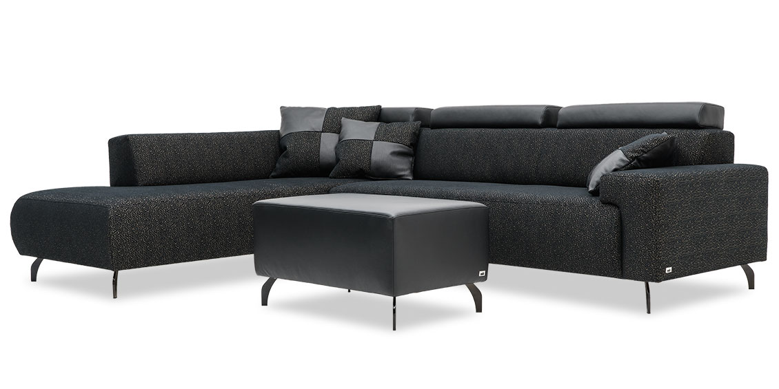 SIGNUM - Ecksofa in Stoff Englisch Dekor Bascis und Schulterstützen in schwarzen Leder