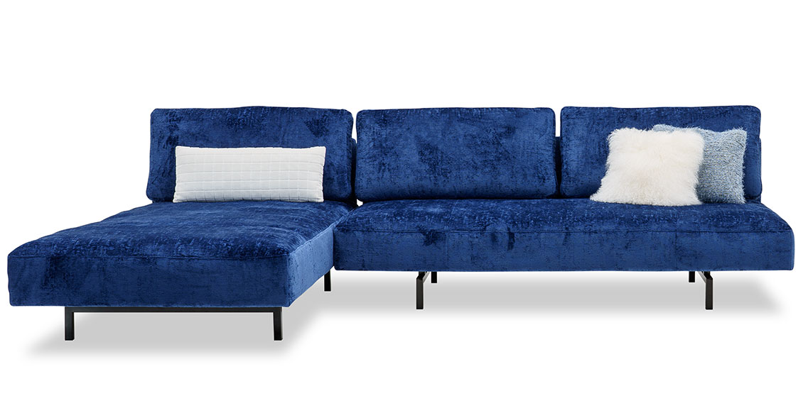 WAVE - 3 Platz Sofa mit Longchair in blauen Velours in ausbrenner Optik