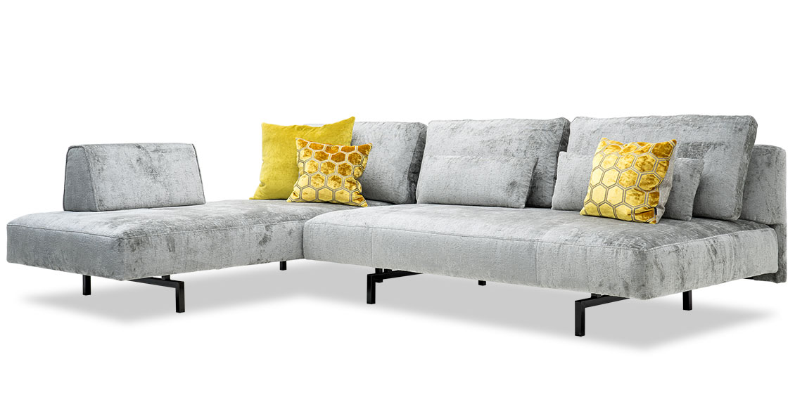 WAVE - 3 Platz Sofa mit Longchair in Velours Stoff Siatex Aurum Levante hellgrau