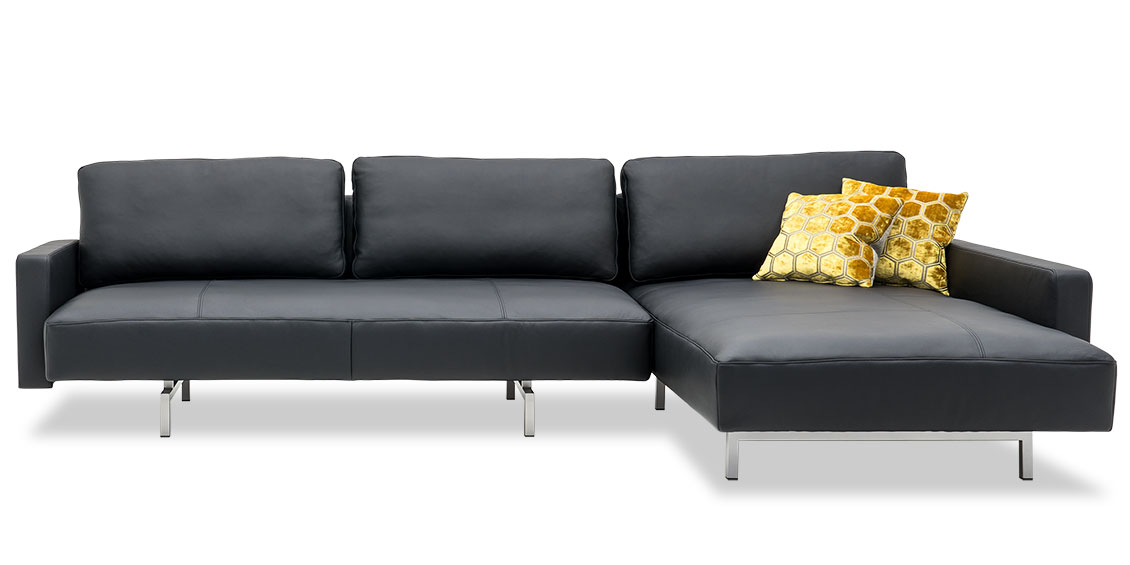 WAVE - 2,5 Platz Sofa mit Longchair mit losen Rückenkissen in Leder Napoli schwarz