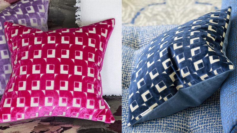 Zierkissen in pink und blau im Stoff Pugin von Designers Guild