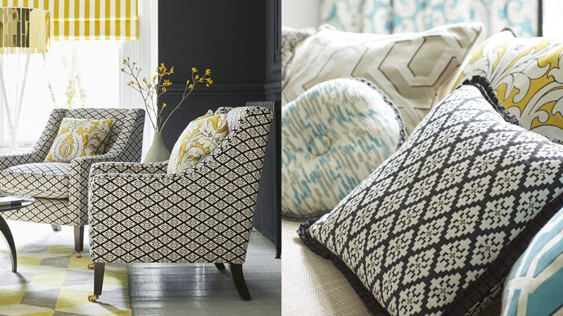 Stoffkollektion Clarke & Clarke mit Sessel und Dekokissen im Stoff Michel