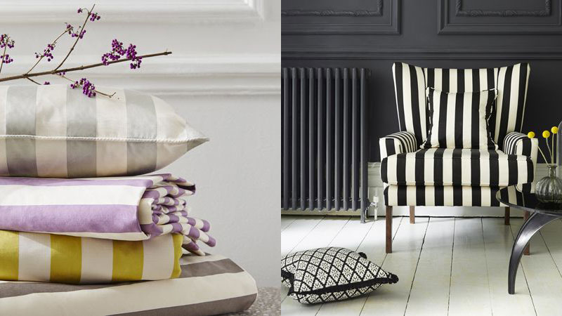 Sessel und Dekokissen im Stoff von Clarke & Clarke St. James Stripes