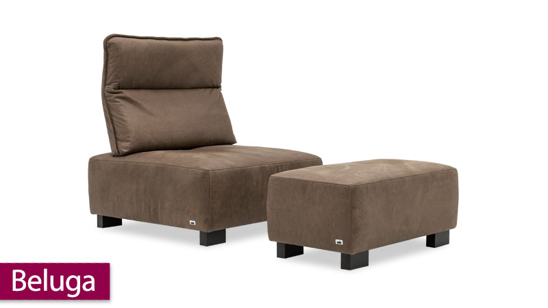 neues Modell Sessel und Hocker Beluga im braunen Leder