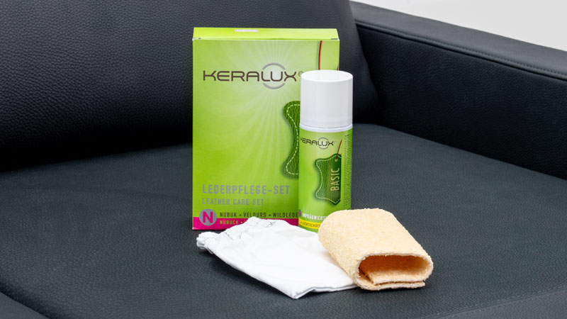 Keralux Lederpflegeset N für Nubuk Leder mit Imprägnierspray nubuk-Pad und Staubfix Handschuh