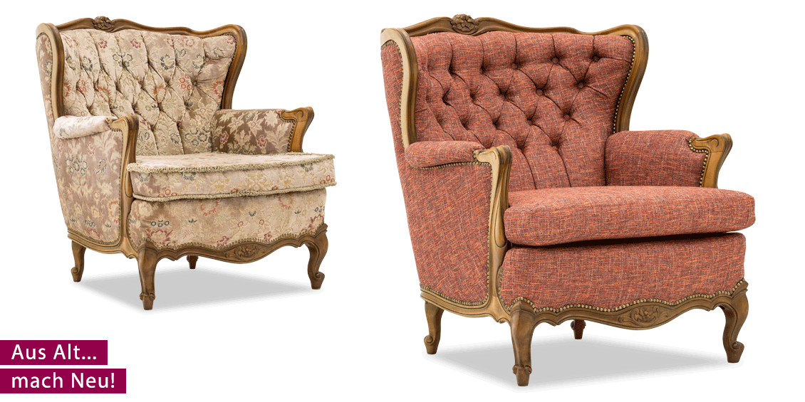 Neubezug Chesterfield-Sessel in Stoff Joop! Empire orange meliert