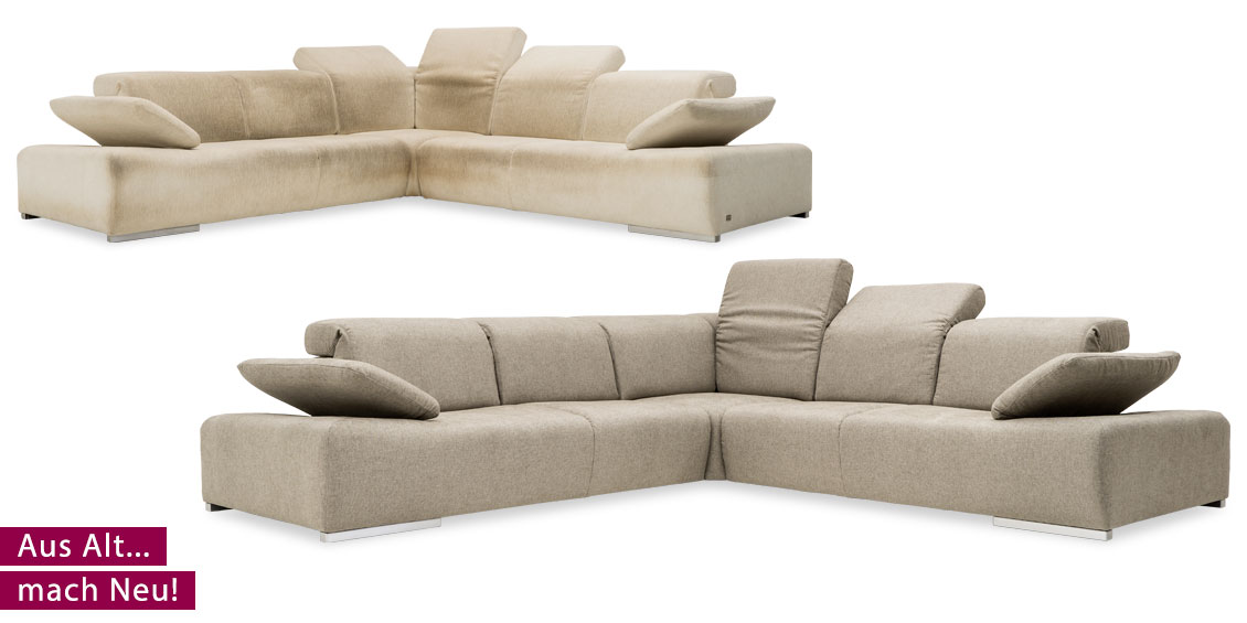 Neubezug Sofa Himolla von weißem Stoff zu grauem Stoff