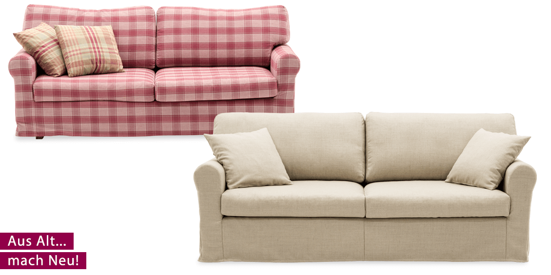 Neubezug Sofa im Landhausstil zu kariertem Stoff in beigem Stoff