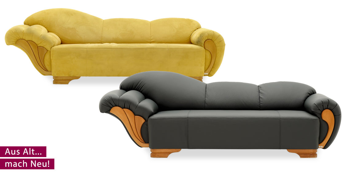 Neubezug Sofa Memphis gelber Stoff in schwarzes Leder