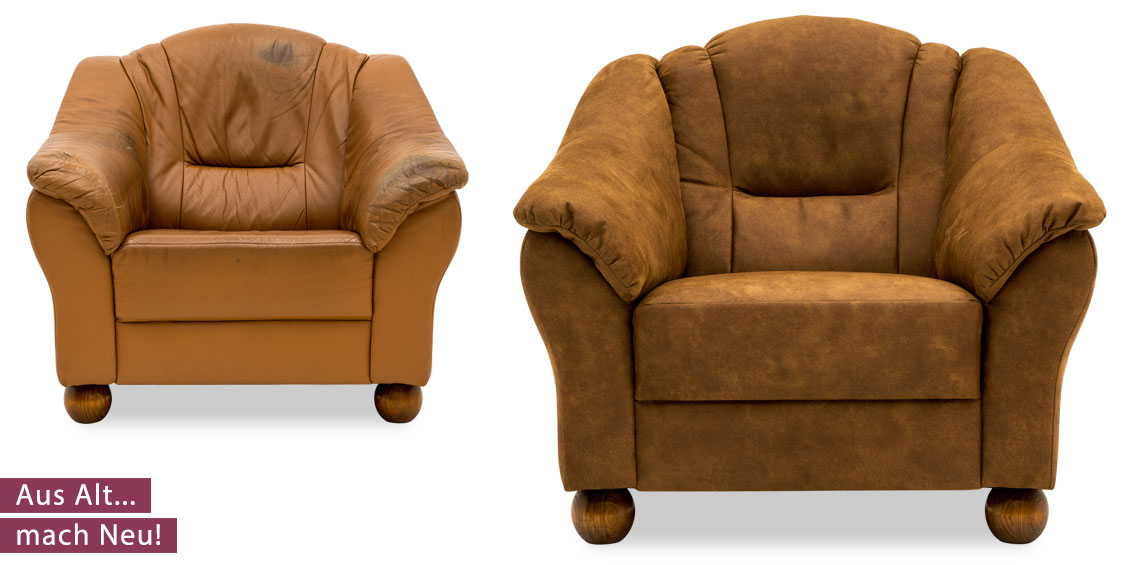Neubezug Sessel Toulon von Leder in braunem Stoff