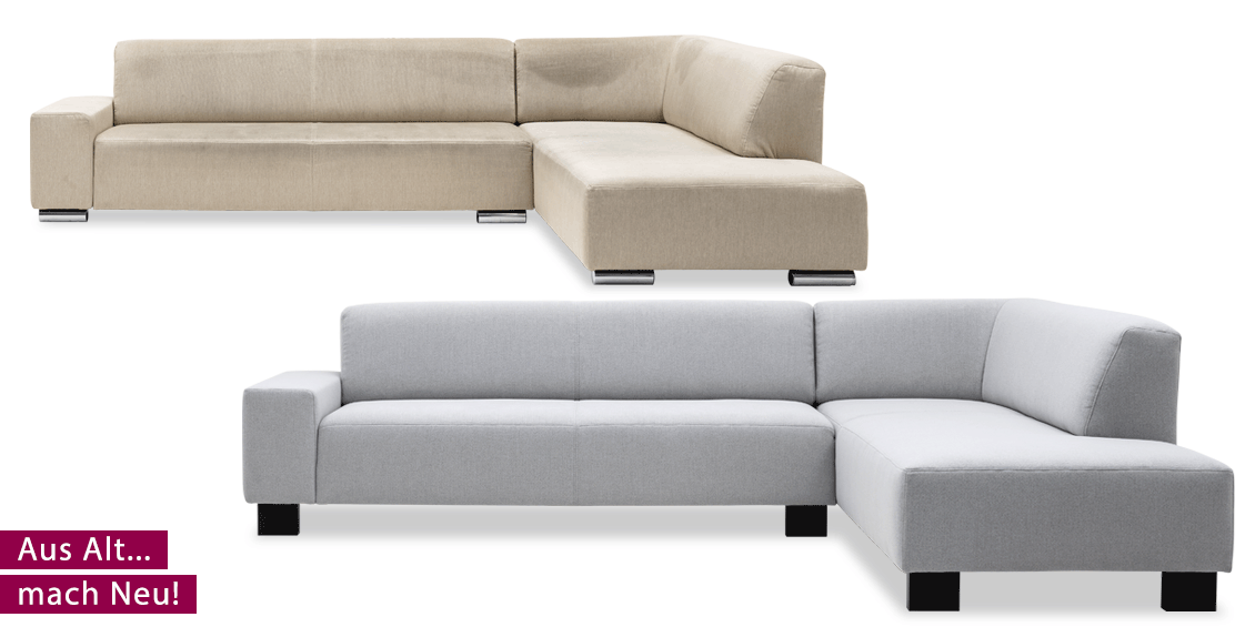 Neubezug Ecksofa Vento in Stoff Seattle light grey mit neuen Holzfüßen