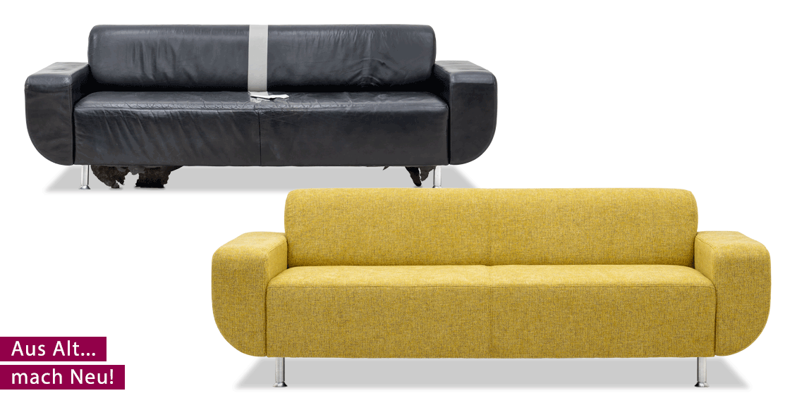 Neubezug eines alten Flasche Sofas Villa aus dem Jahr 2004 in Stoff Mercis Flavia gelb